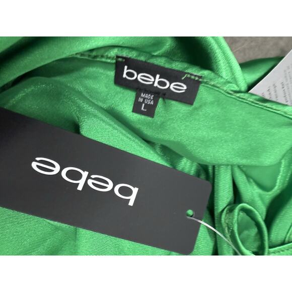 NWT bebe Green Satin Slip Dress Asymmetrical Hem Cowl Neck Maxi Large - Picture 6 of 6